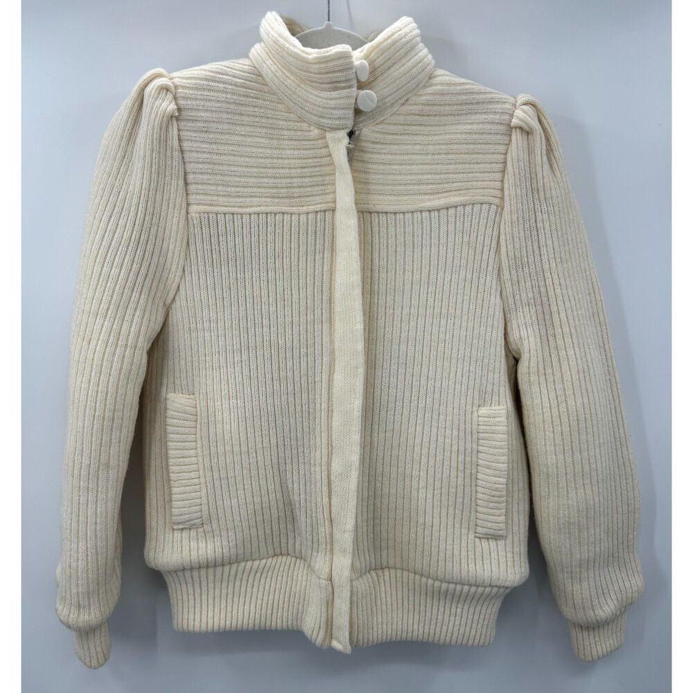 Vintage 80s Knit Ribbed Cream Puff Sleeve Jacket S Sweater Funnel Grannycore